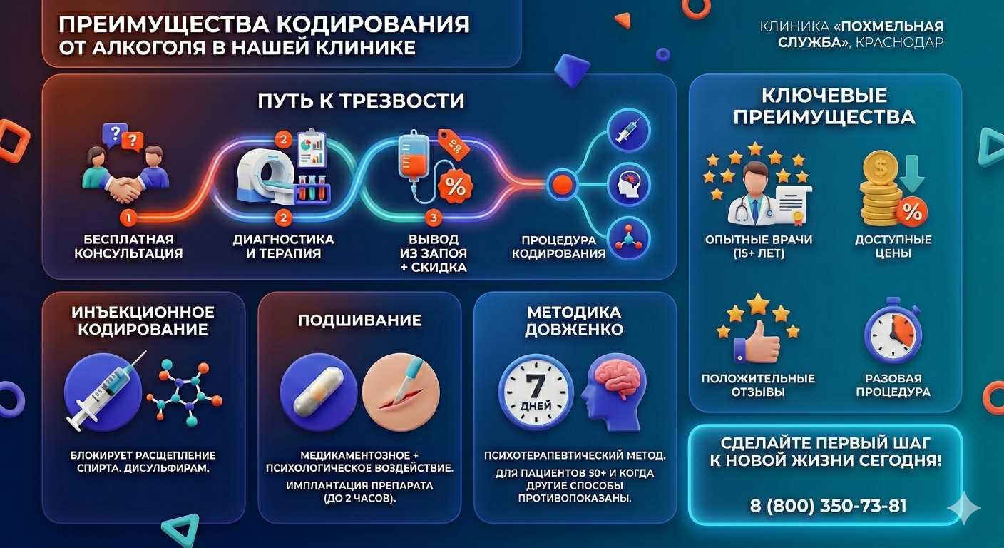 Инфографика о методах кодирования от алкоголя в Павловске: инъекции, подшивание, метод Довженко. Преимущества клиники и этапы лечения.