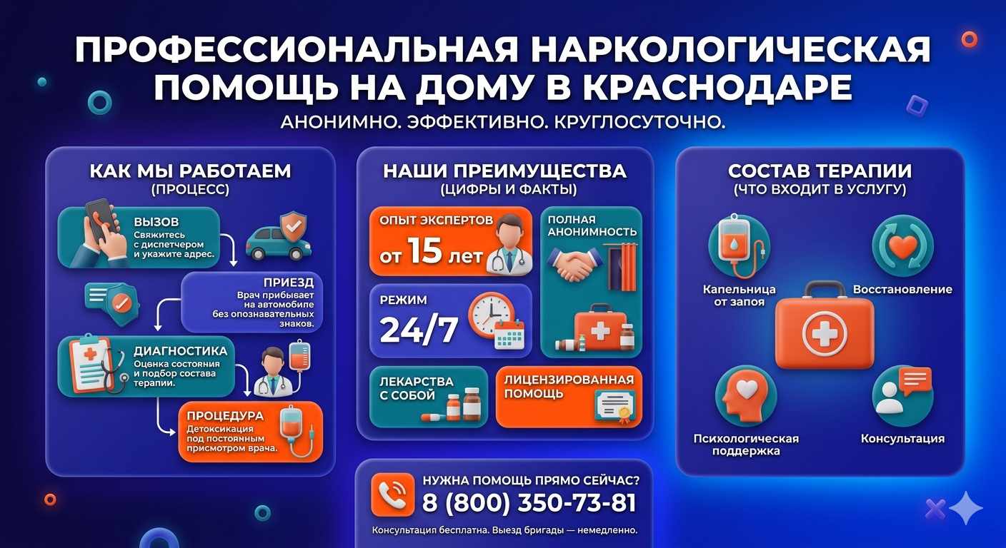 Инфографика о принципах лечения алкоголизма на дому в Павловске: этапы вызова нарколога, преимущества анонимной детоксикации и состав медицинской помощи.